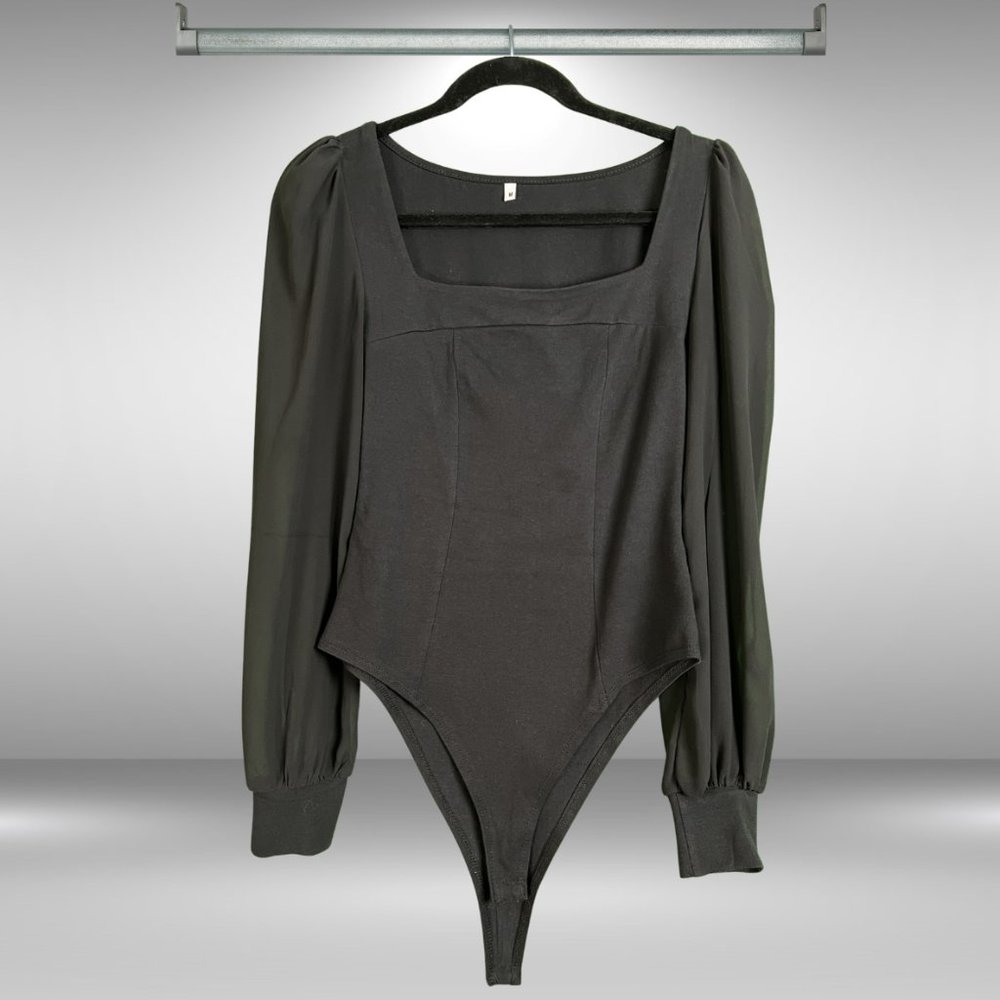 Black Sheer Balloon Sleeve Bodysuit with Sweetheart Neckline